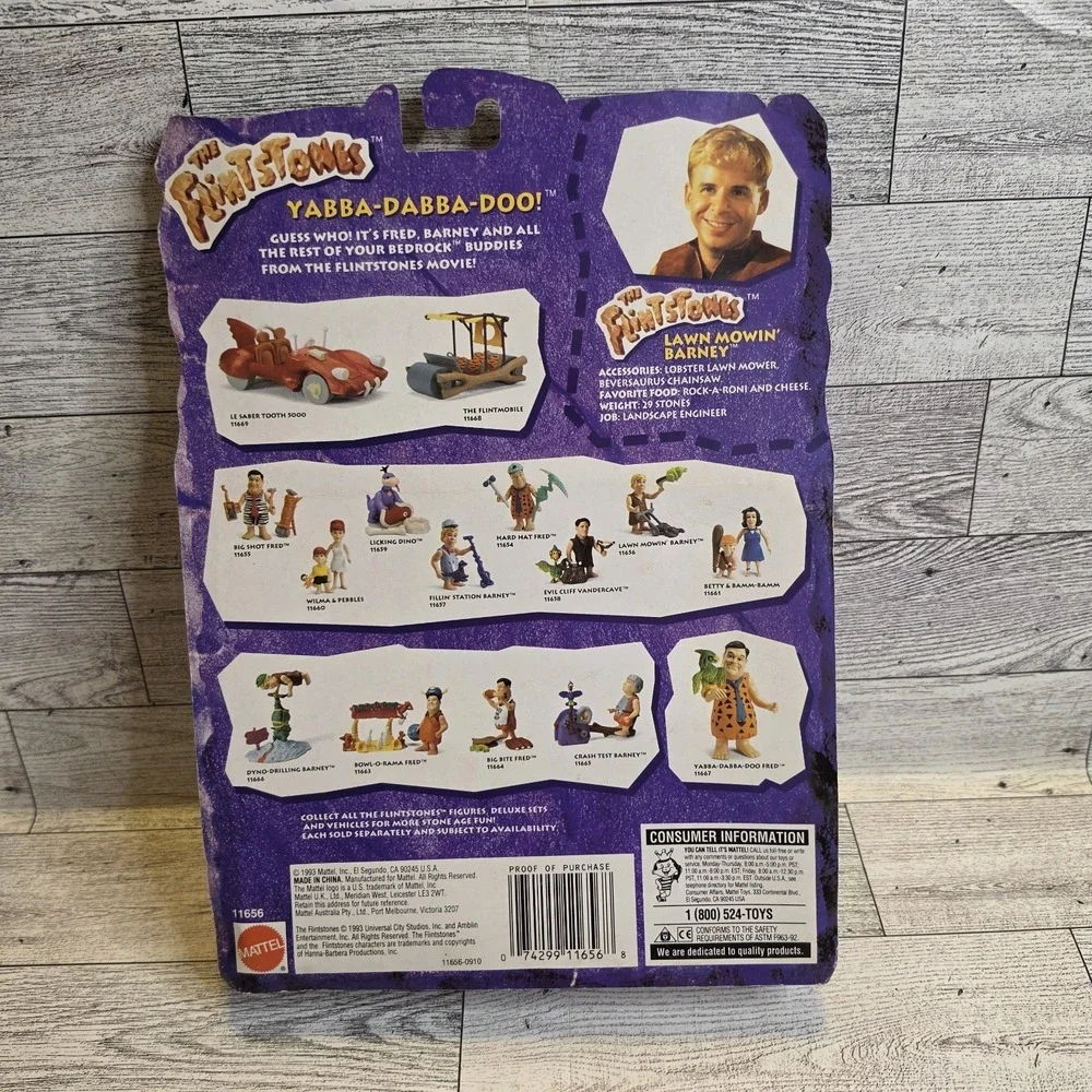 Vtg‎ 1993 Mattel Flintstones Barney Mowing Lawn Figure New Package Damage 11656